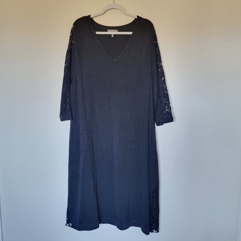 Ulla Popken Metallic Sparkle Empire Knit Lace Sleeve Dress - Picture 2 of 8